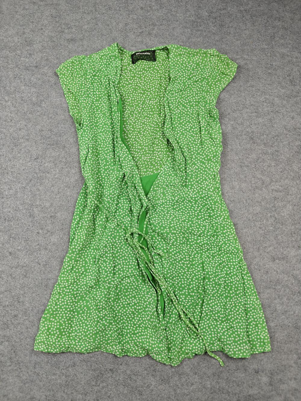 Reformation Dress Womens S Green Floral Wrap Short Cap Sleeve V-Neck Lined Tie